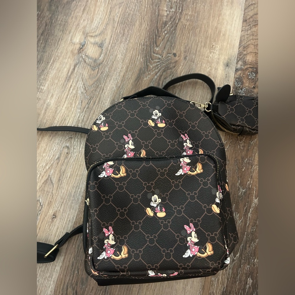 Disney Brown Backpack with Mickey and Minnie Pattern